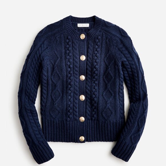 J.Crew Wool Blend Cable Knit Cardigan with Gold Buttons in Navy - Size Small